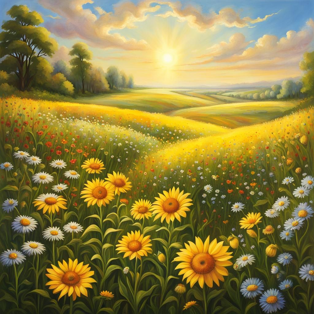 Serene Sunny Flower Field Fantasy