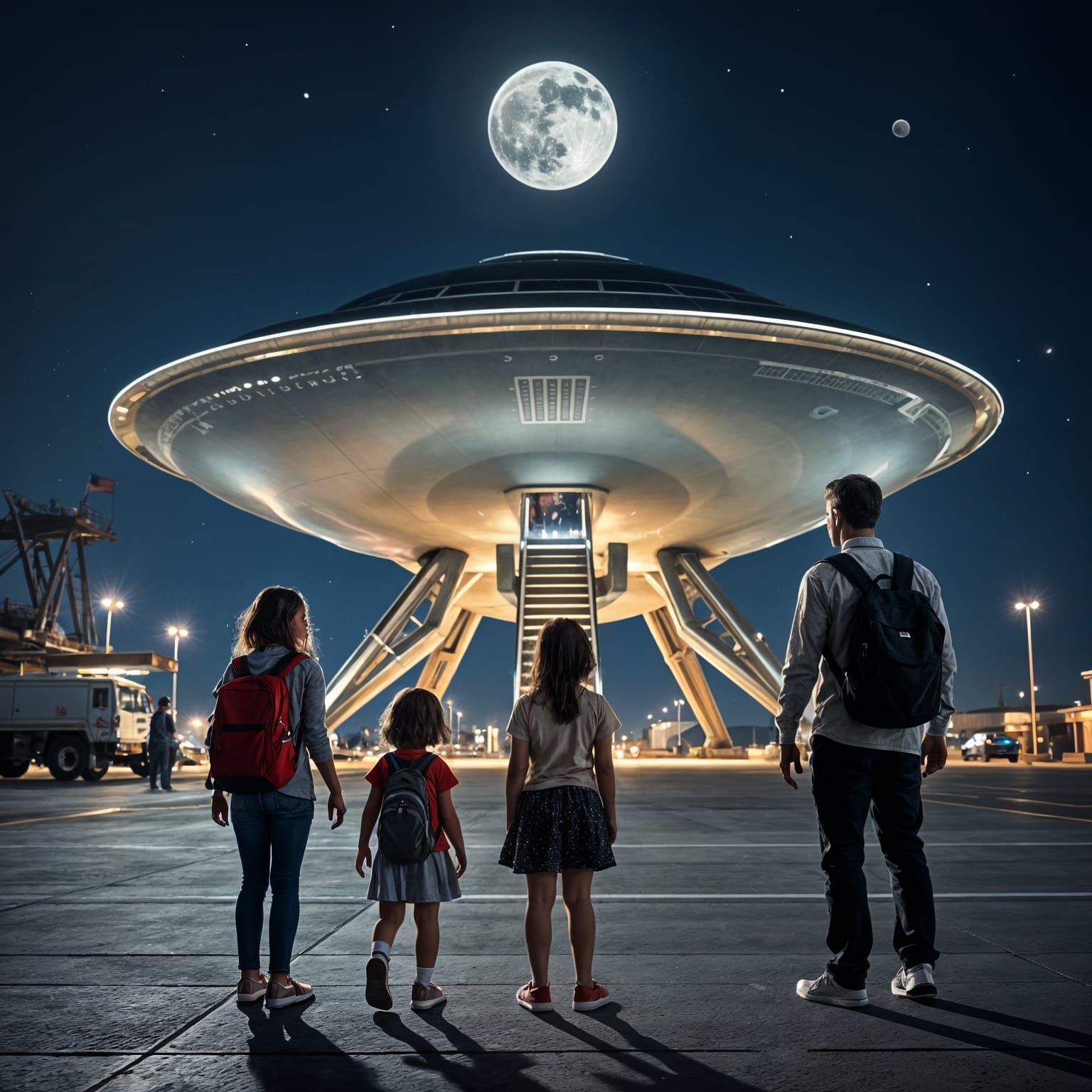 Family at Spaceport Observes Gleaming Spaceship