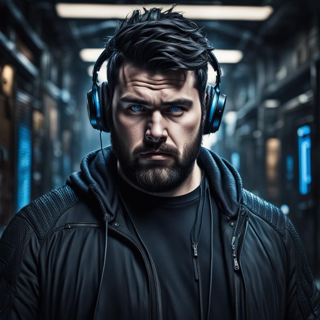 Hyperrealistic Hacker with Intense Blue Eyes in Urban Style