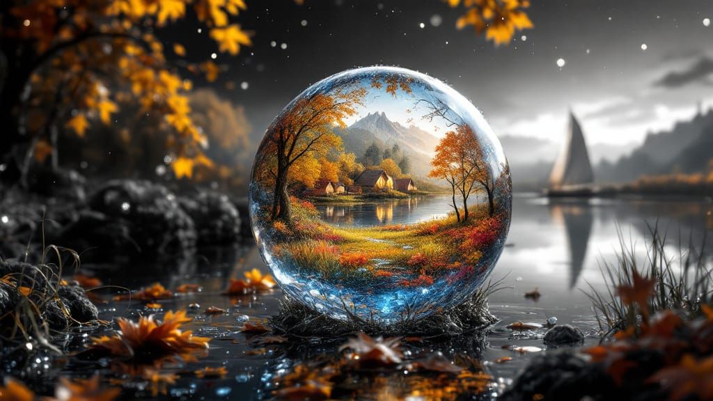 Black and White River Scene with Autumn Dewdrop