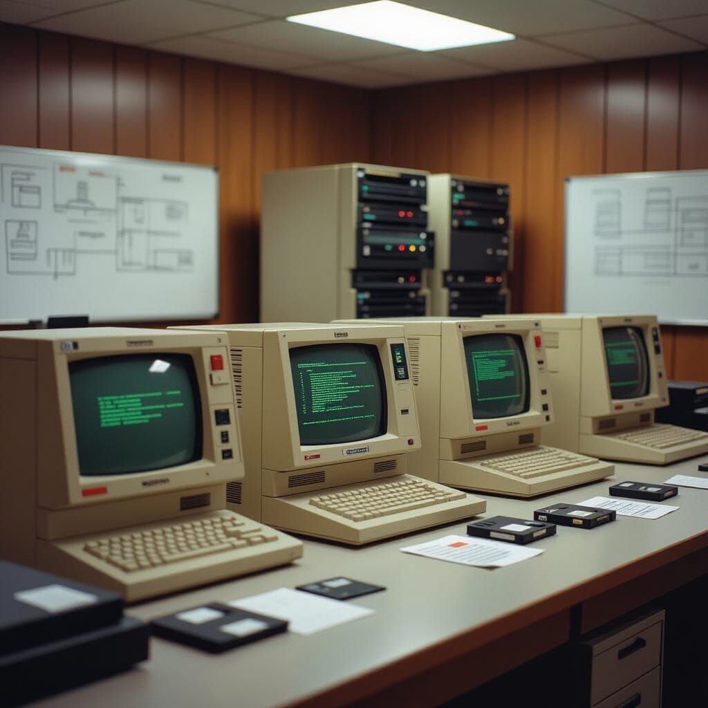 1980s Computer Lab with Retro Tech and Flowcharts