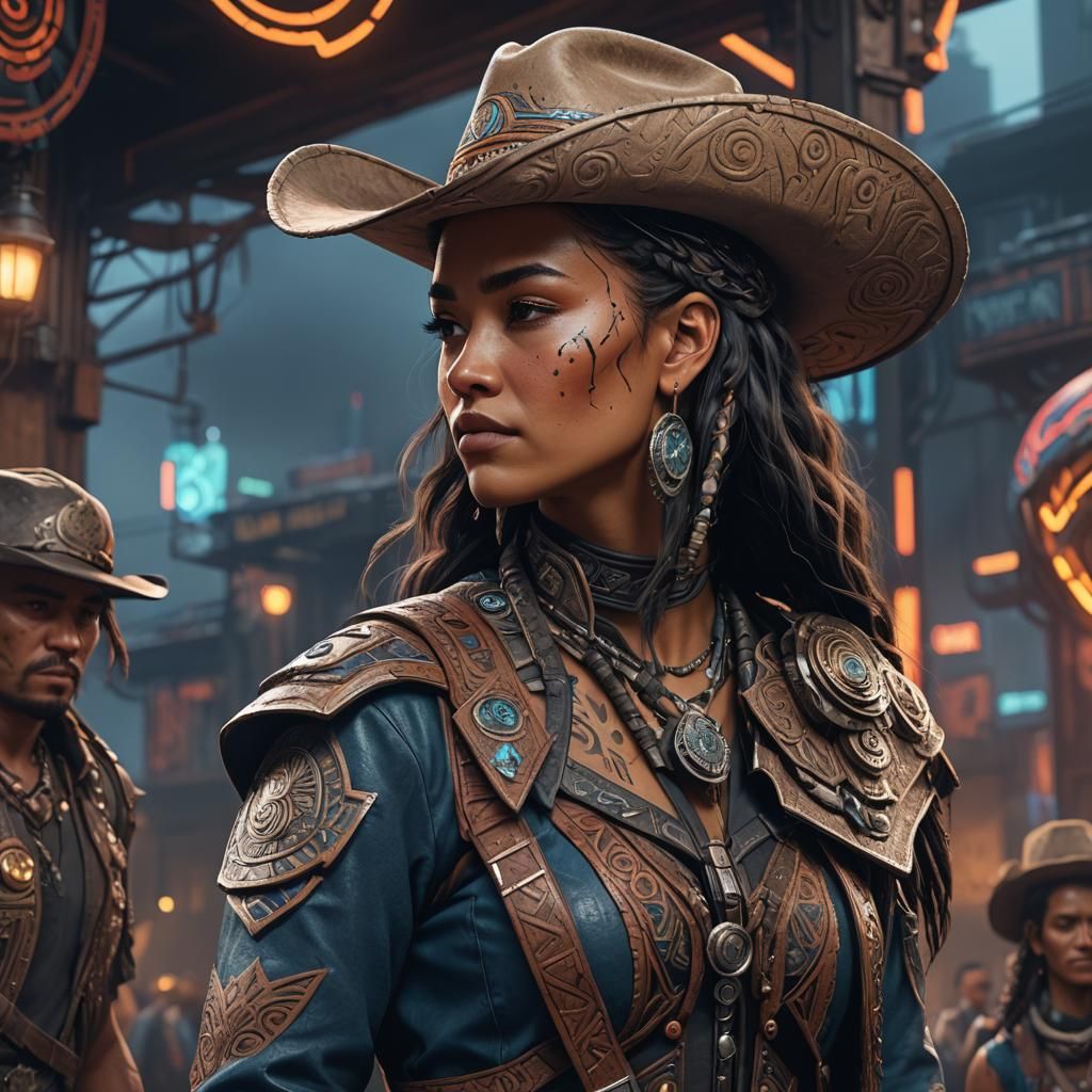Cyberpunk Maori Woman in Cowboy Costume