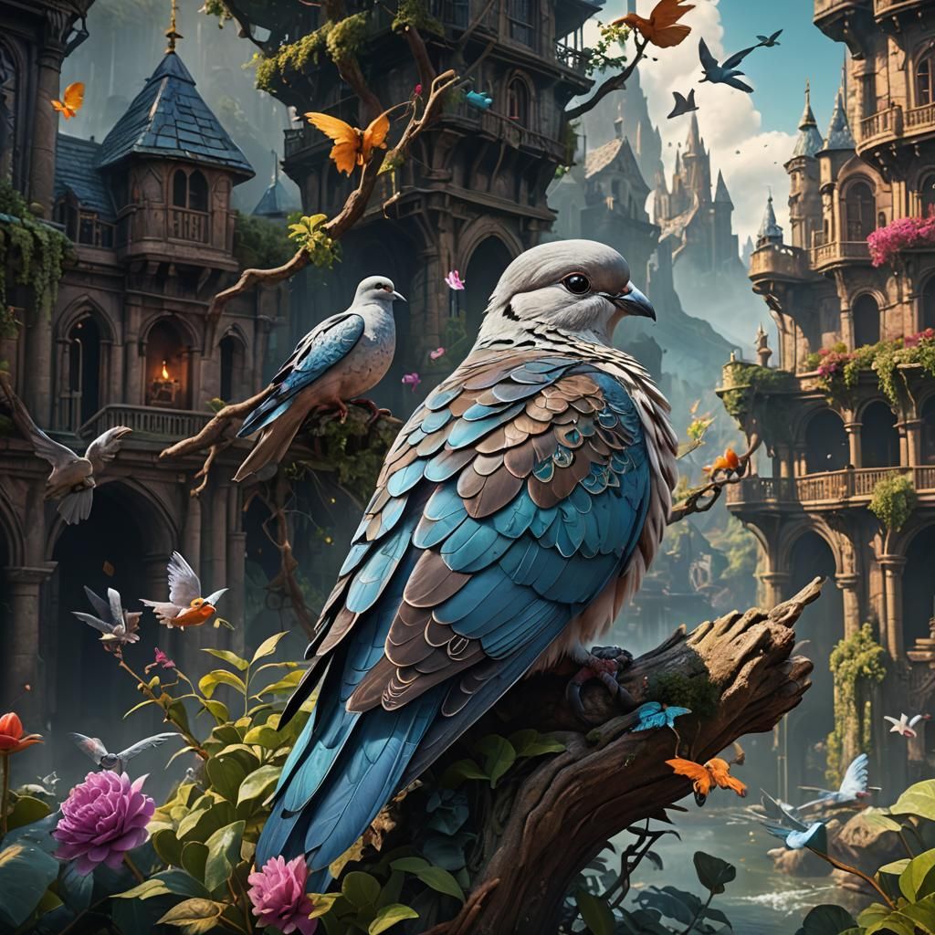 Fantastical Turtle Dove Matte Painting in Deep Color