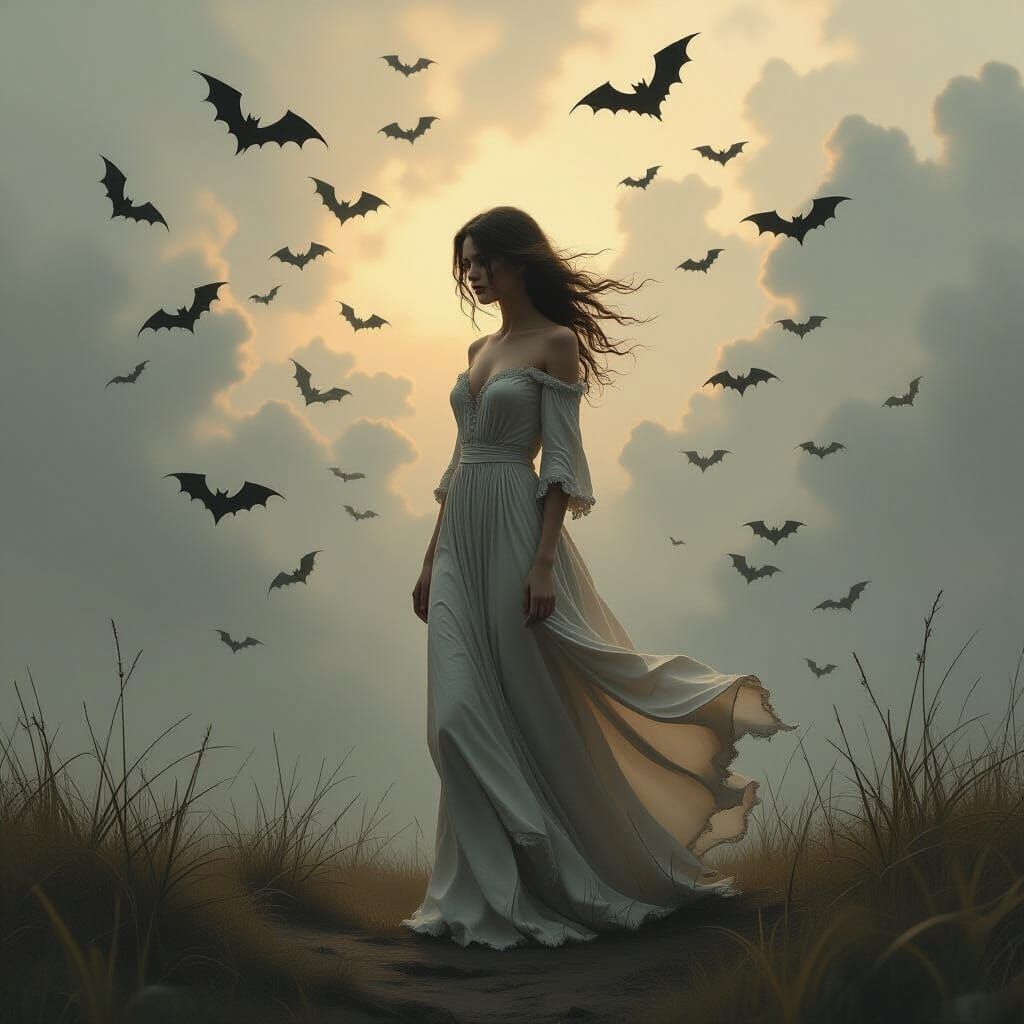 Dreamlike Bat Swarm: Flowing Gown in Muted Colors