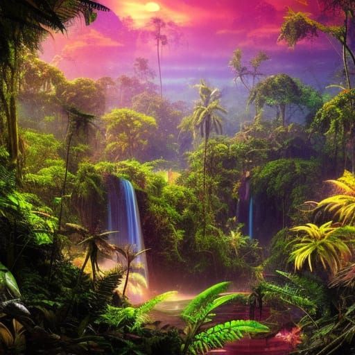 Lush Solarpunk Congo Jungle at Sunset