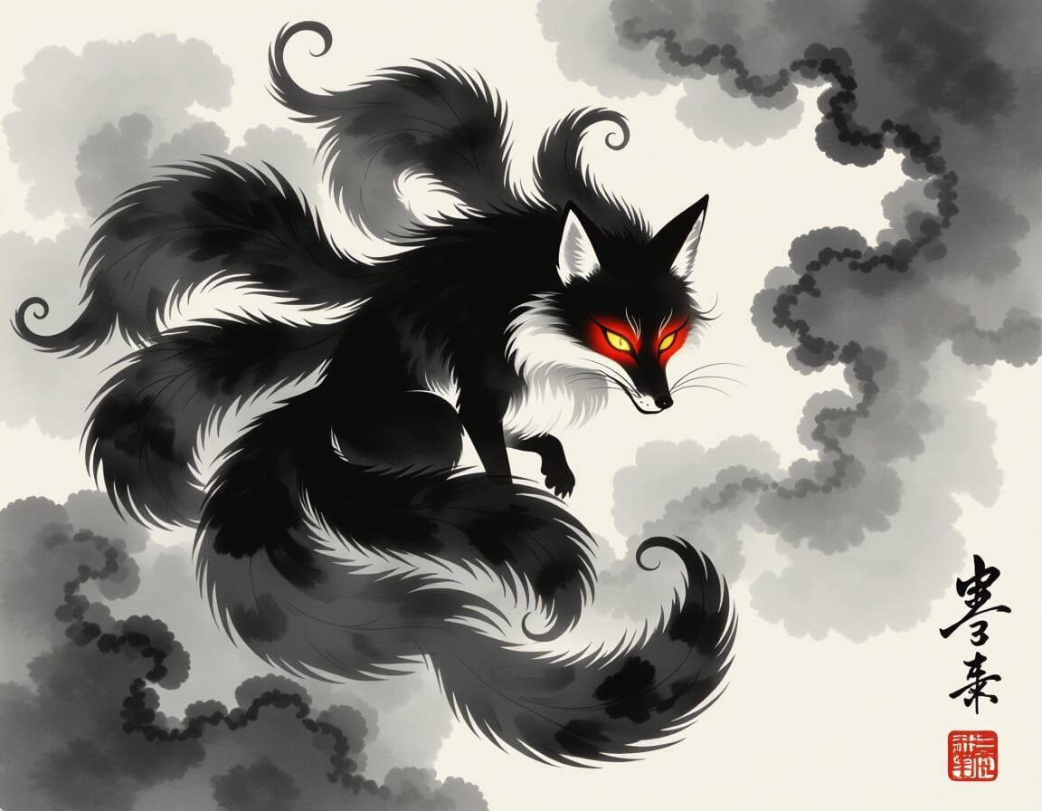 Nine-Tailed Fox Spirit in Sumi-e Style