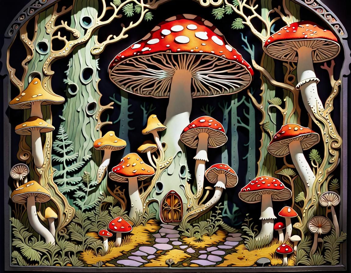 Enchanted Forest: Scherenschnitte Mushrooms in Art Nouveau S...
