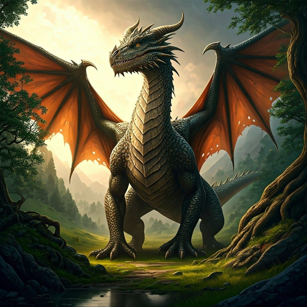 Majestic Dragon in Golden Hour Fantasy Landscape