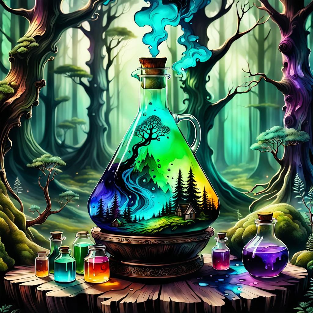 Wizard Alchemist Brewing Potions in Forest Glade