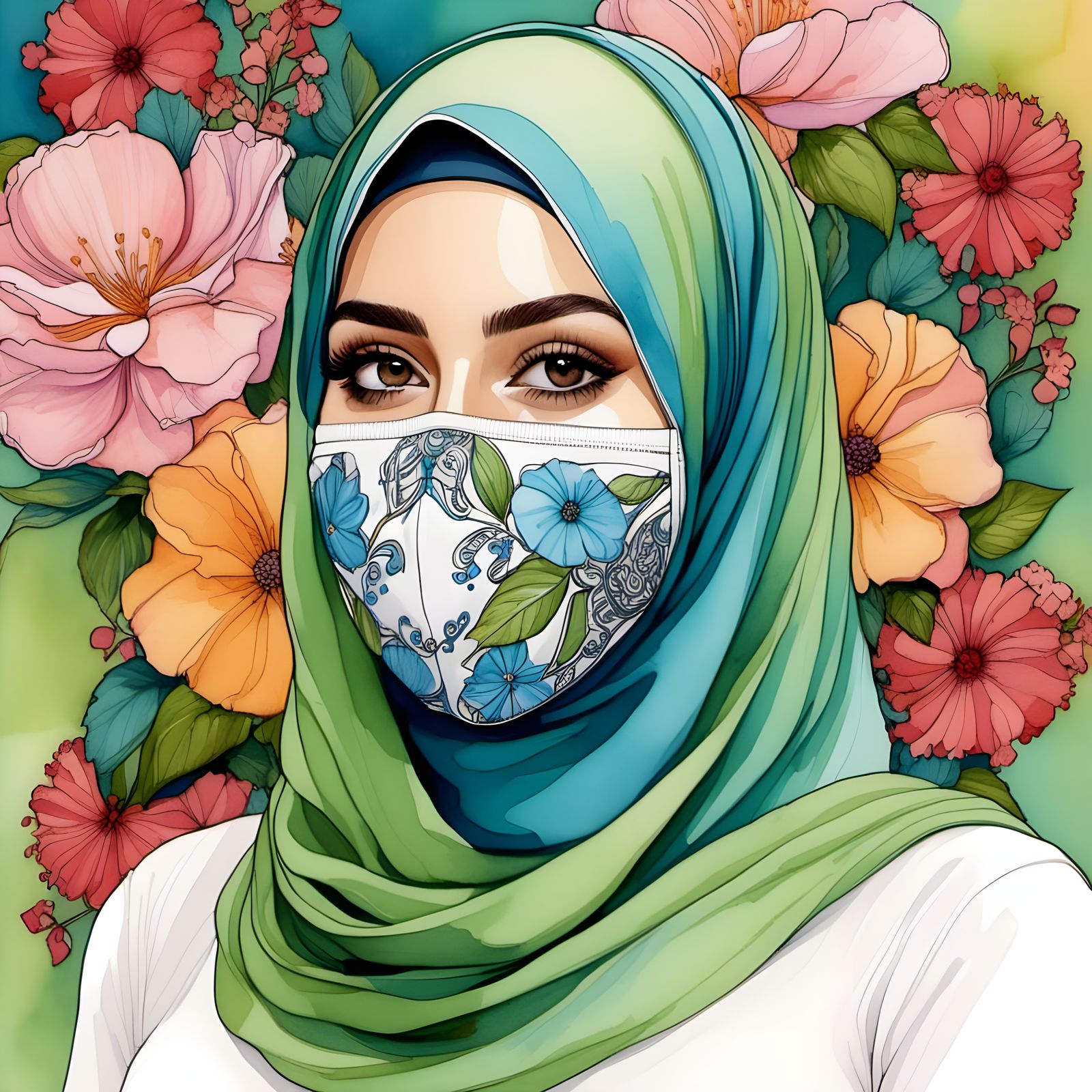 Beautiful Hijabi Woman in Floral Watercolor Portrait