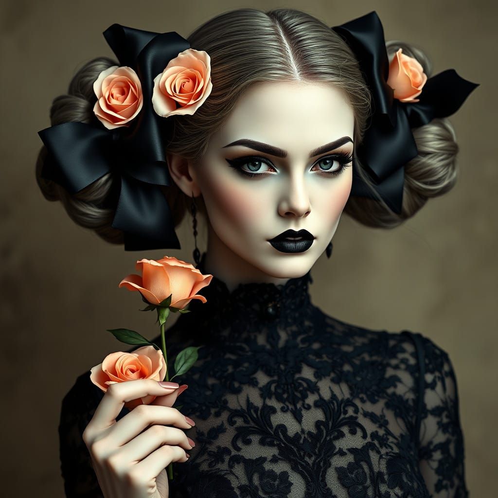 Gothic Woman in Elegant Black Lace Dress