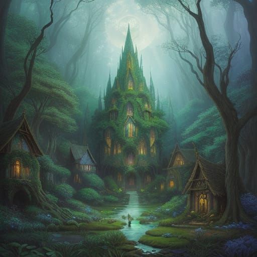 Whimsical Forest Village with Elven Castle in Dreamy Light