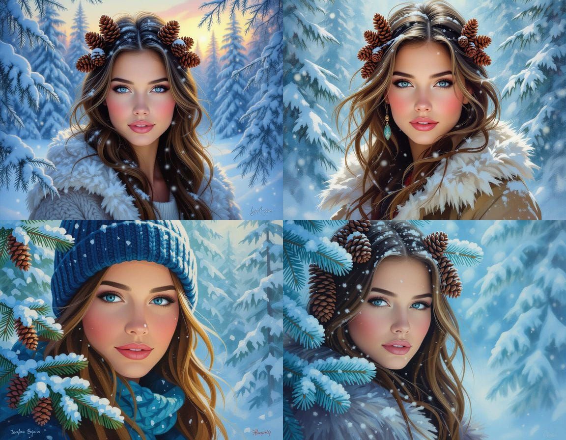 Fantasy Woman in Snowy Taiga Forest Sketch