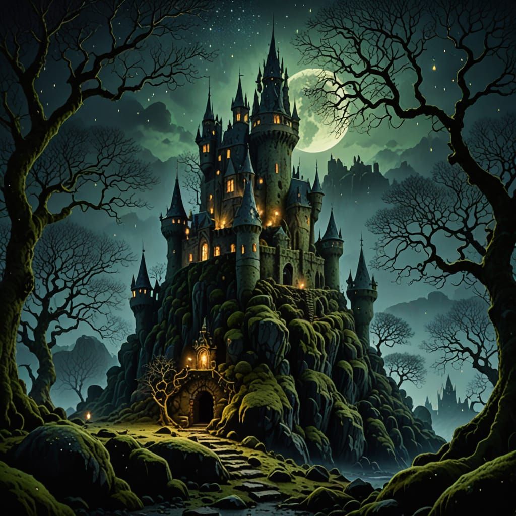 Mossy Fortress at Night in Dark Fantasy Style