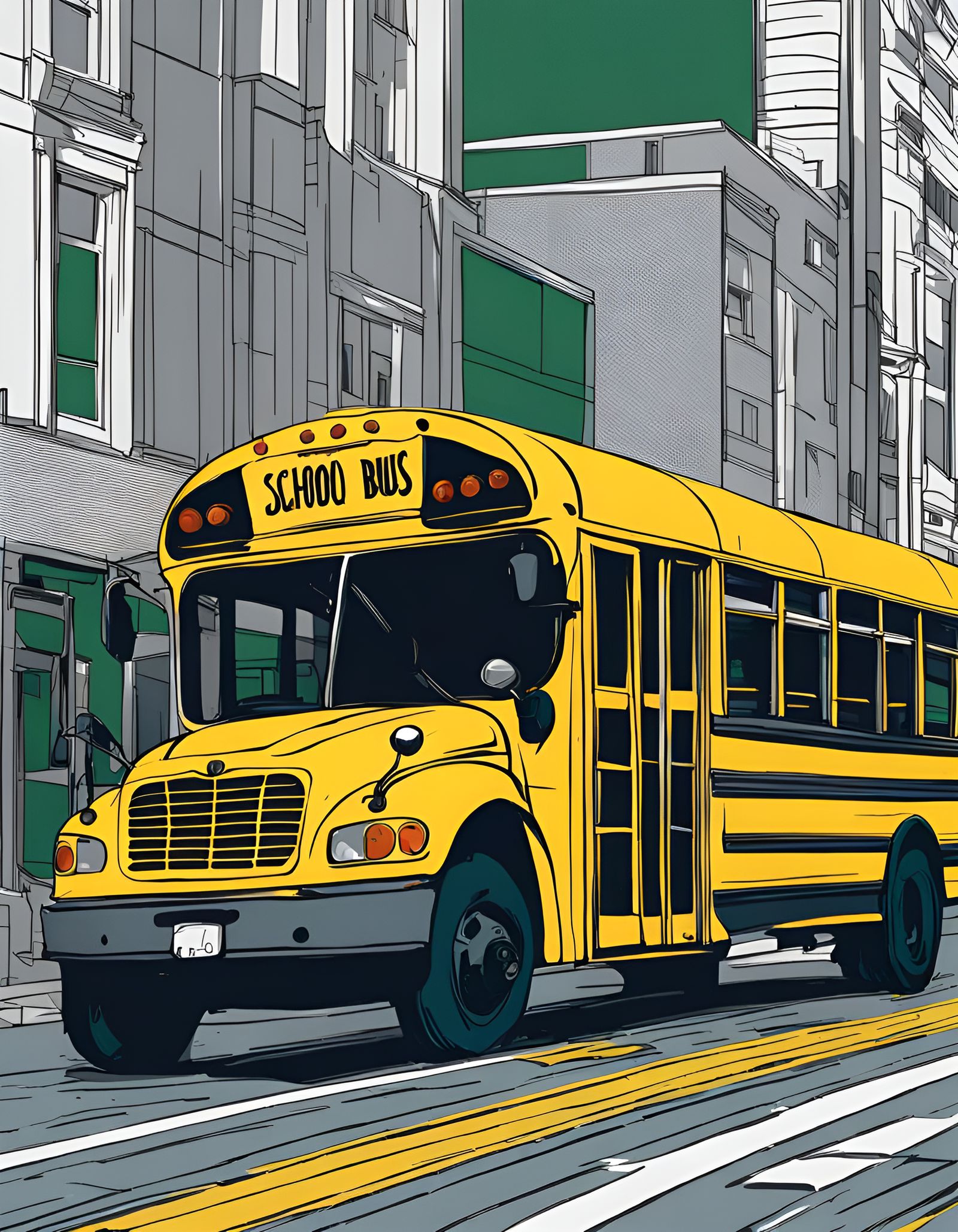 Detailed Line Art of a Yellow School Bus