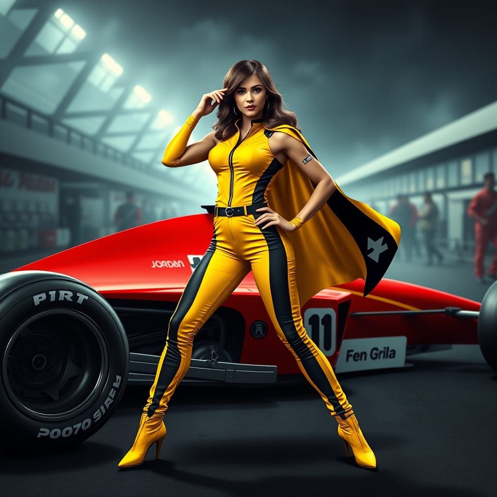 Retro F1 Grid Girl Leaps into Action in Comic Book Style