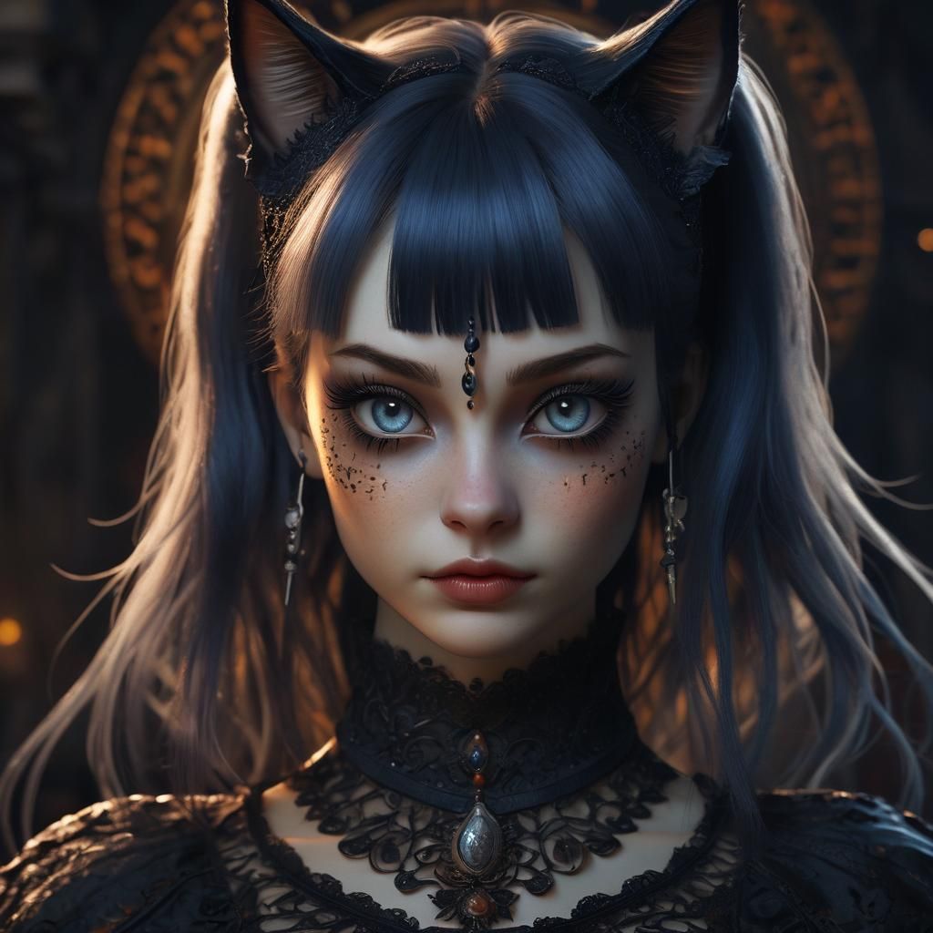 Gothic Cat Girl Portrait in Fantasy Concept Art