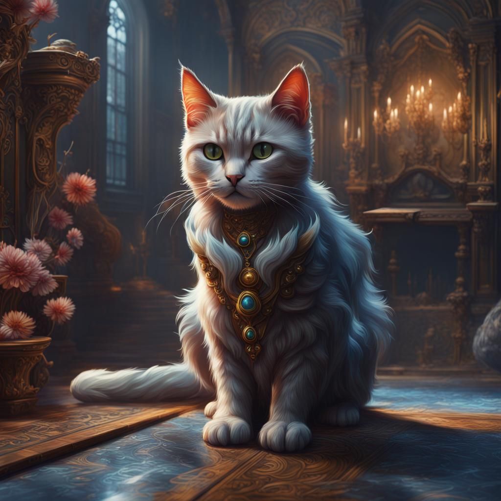 Fantastical Cat Painting in Detailed Matte Style