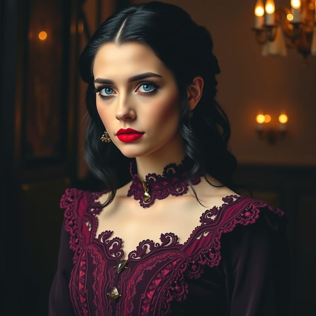 Gothic Woman in Deep Burgundy Dress
