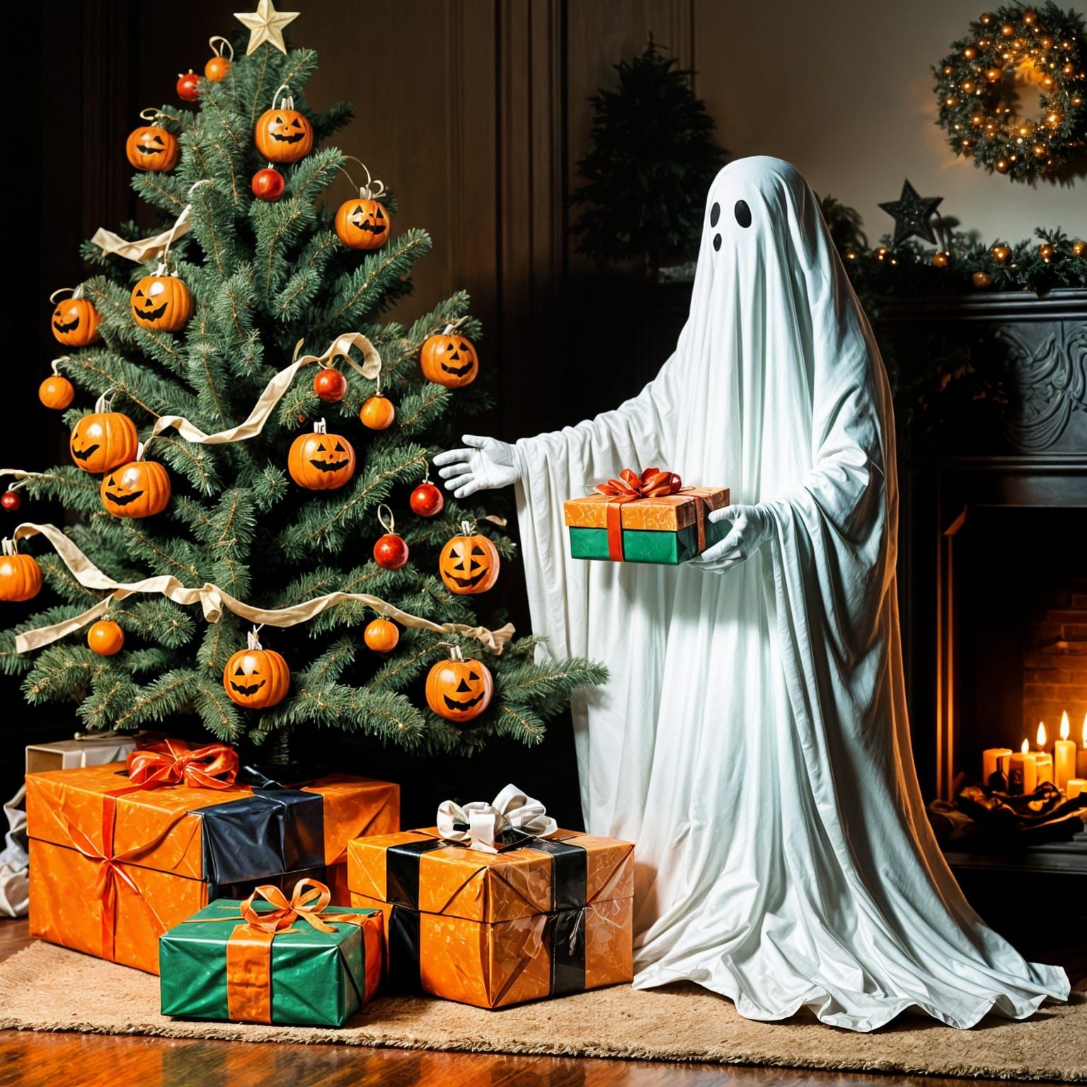 Vintage Halloween Ghost Opens Christmas Presents