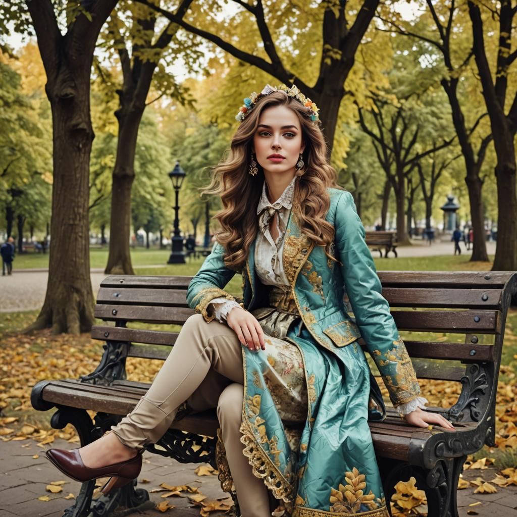Girl on Park Bench in Baroque Tetradic Colors