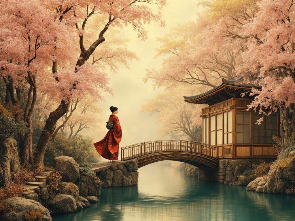 Zen Garden: Woman on Kintsugi Bridge in Hyperrealism