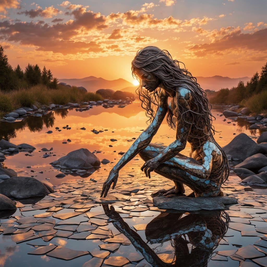 Surreal Fragmented Sculpture of Woman at Sunset