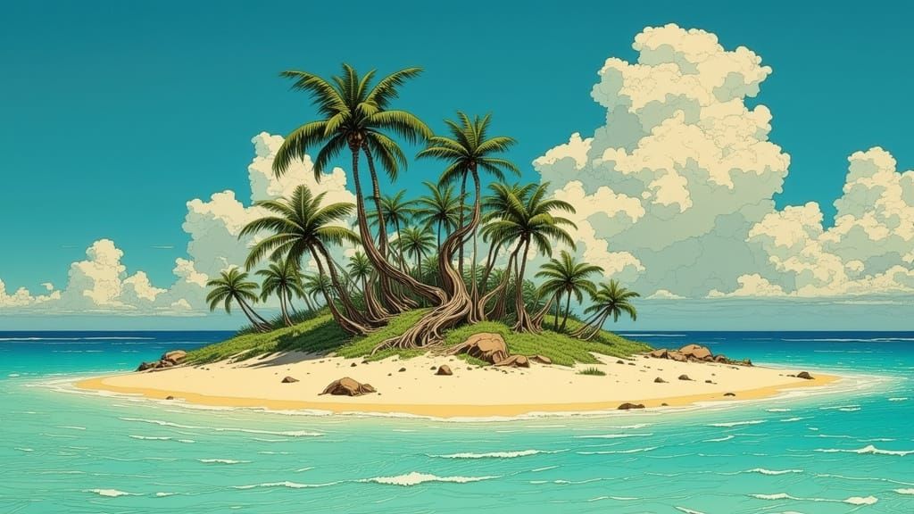 Dreamlike Desert Island in a Lonely Sea, in Moebius Style