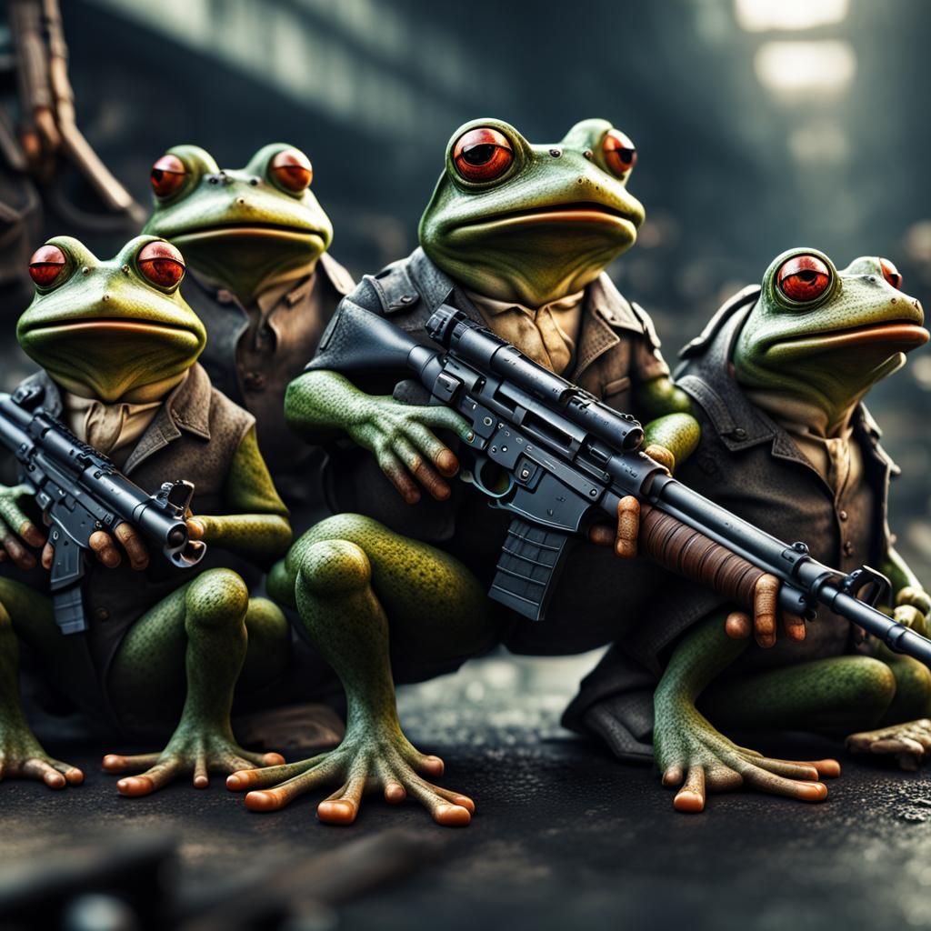 Hyperrealistic Mutant Frog Gang War Scene