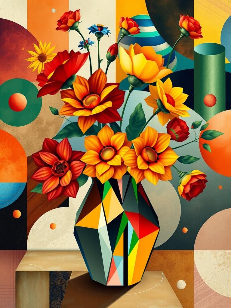 Cubist Floral Vase: Abstract Painting in Surreal Style