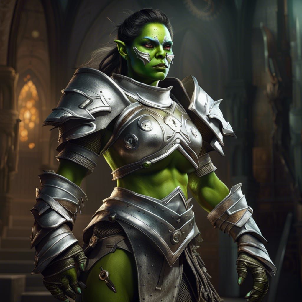 Green Orc Woman in Silver Armor: 3D Oil Painting