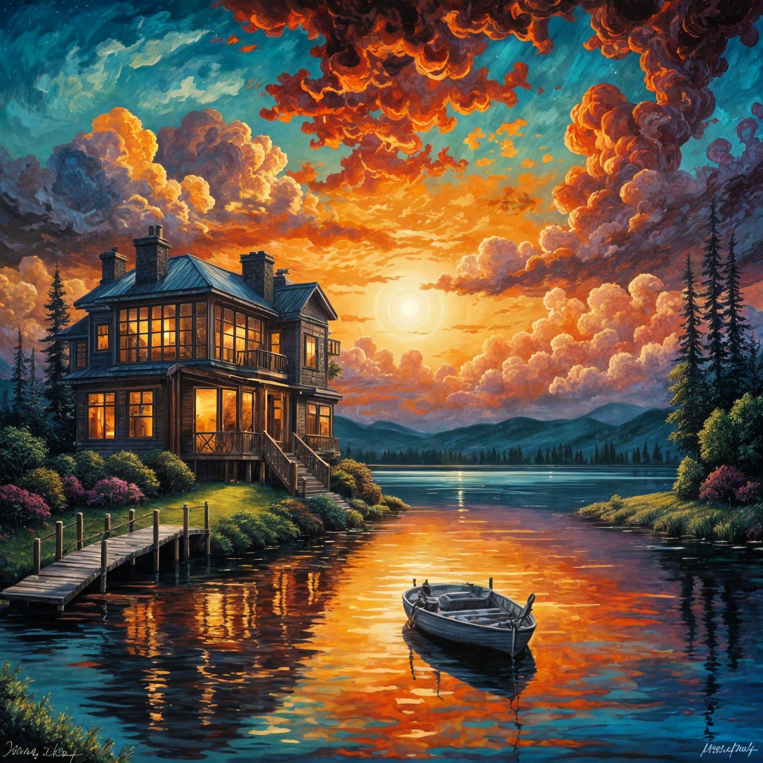 Modern House on Lake: Abstract Landscape Painting