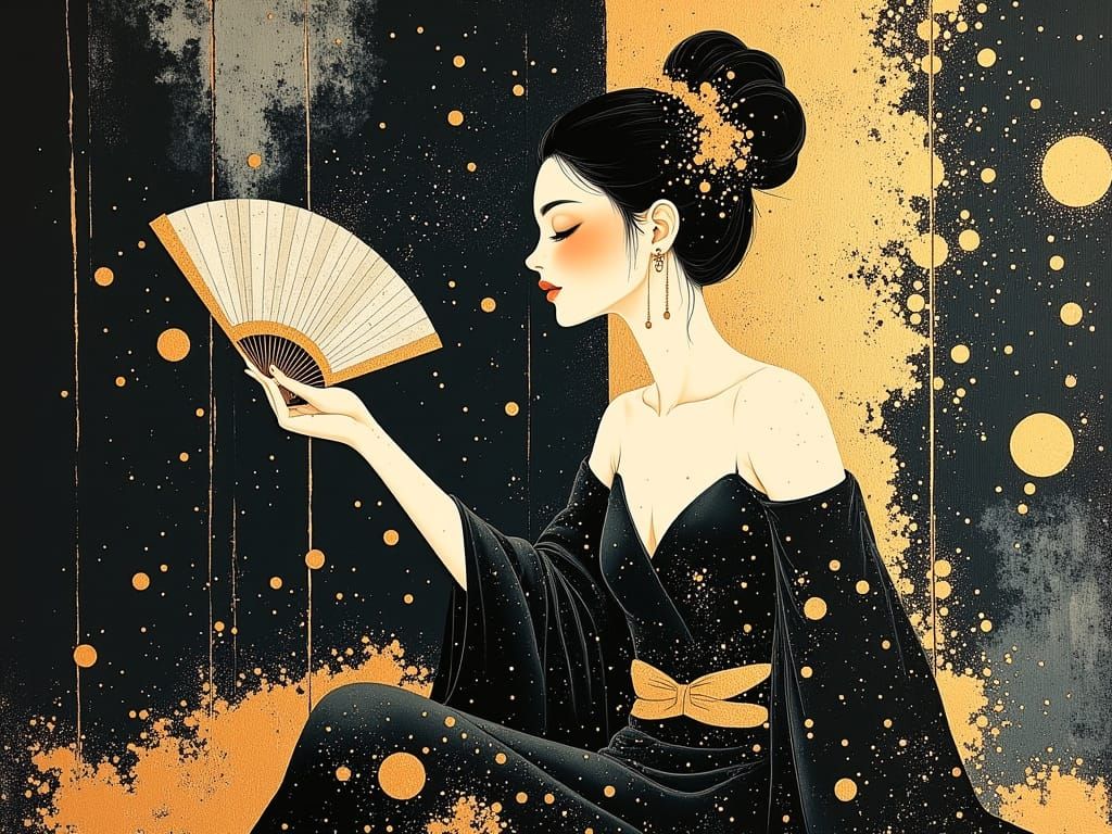 <lora:divineOil:1.0> beautiful Japanese woman hair piled up and kept in place with jeweled hair sticks wearing black wit...