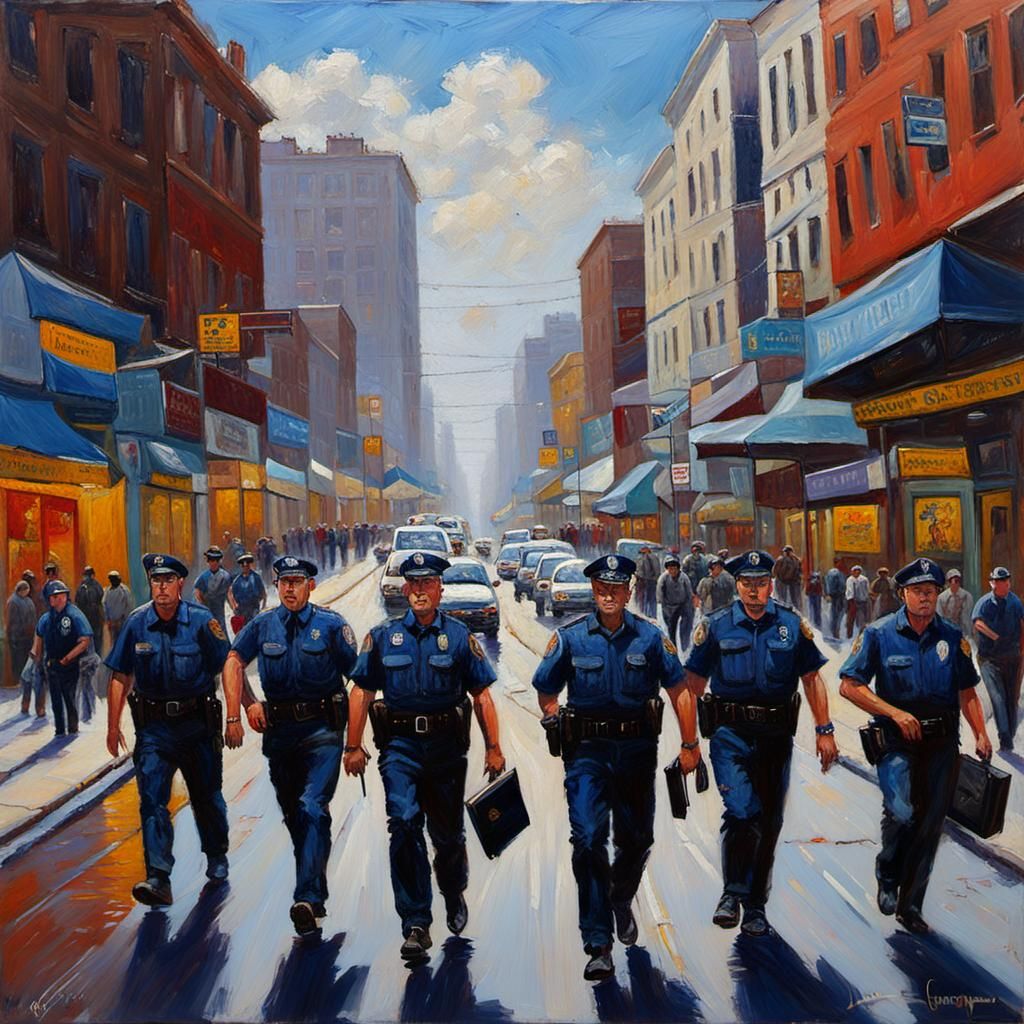 Police officers patrolling a busy urban street.