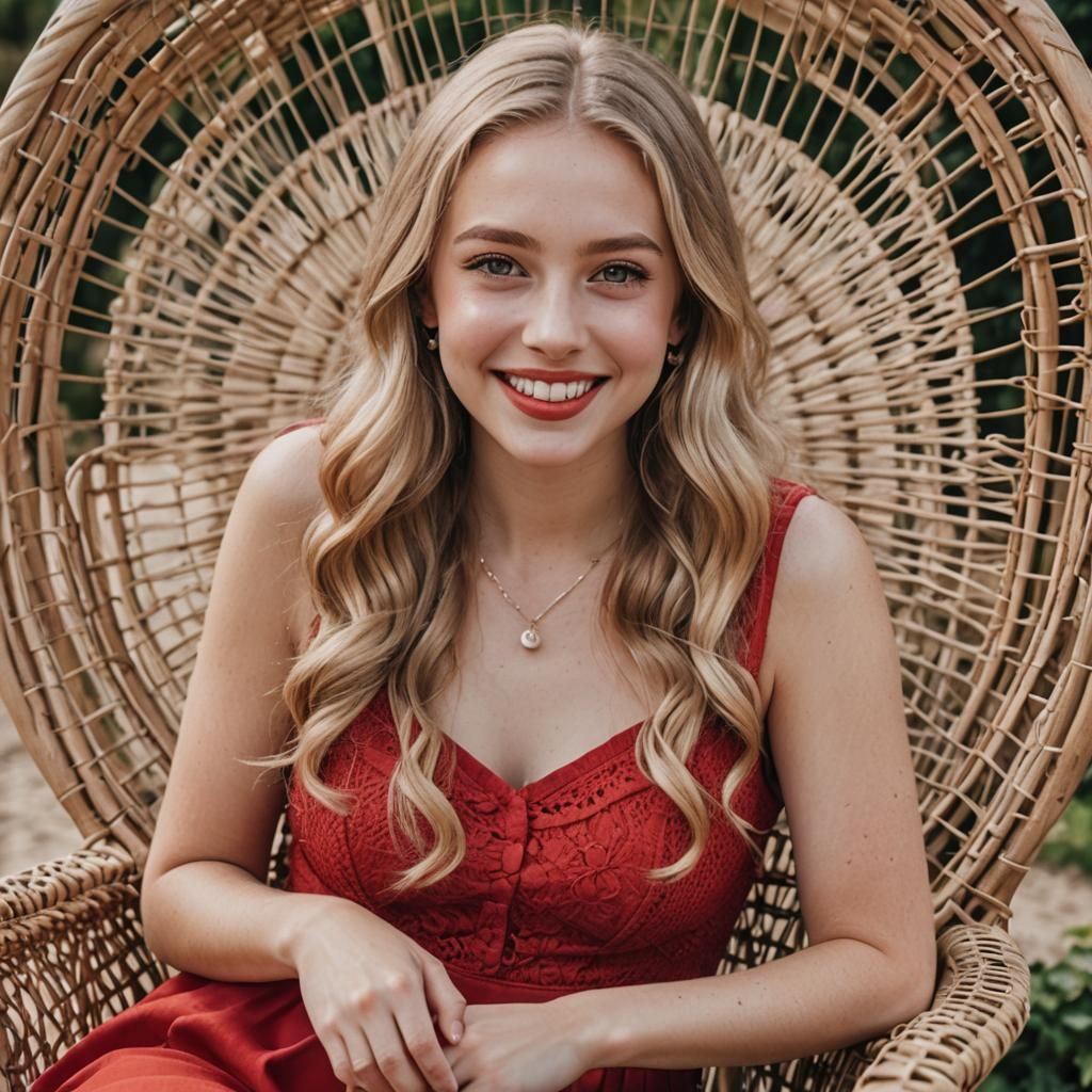 Woman in Red Dress on Wicker Chair: 3D Digital Art