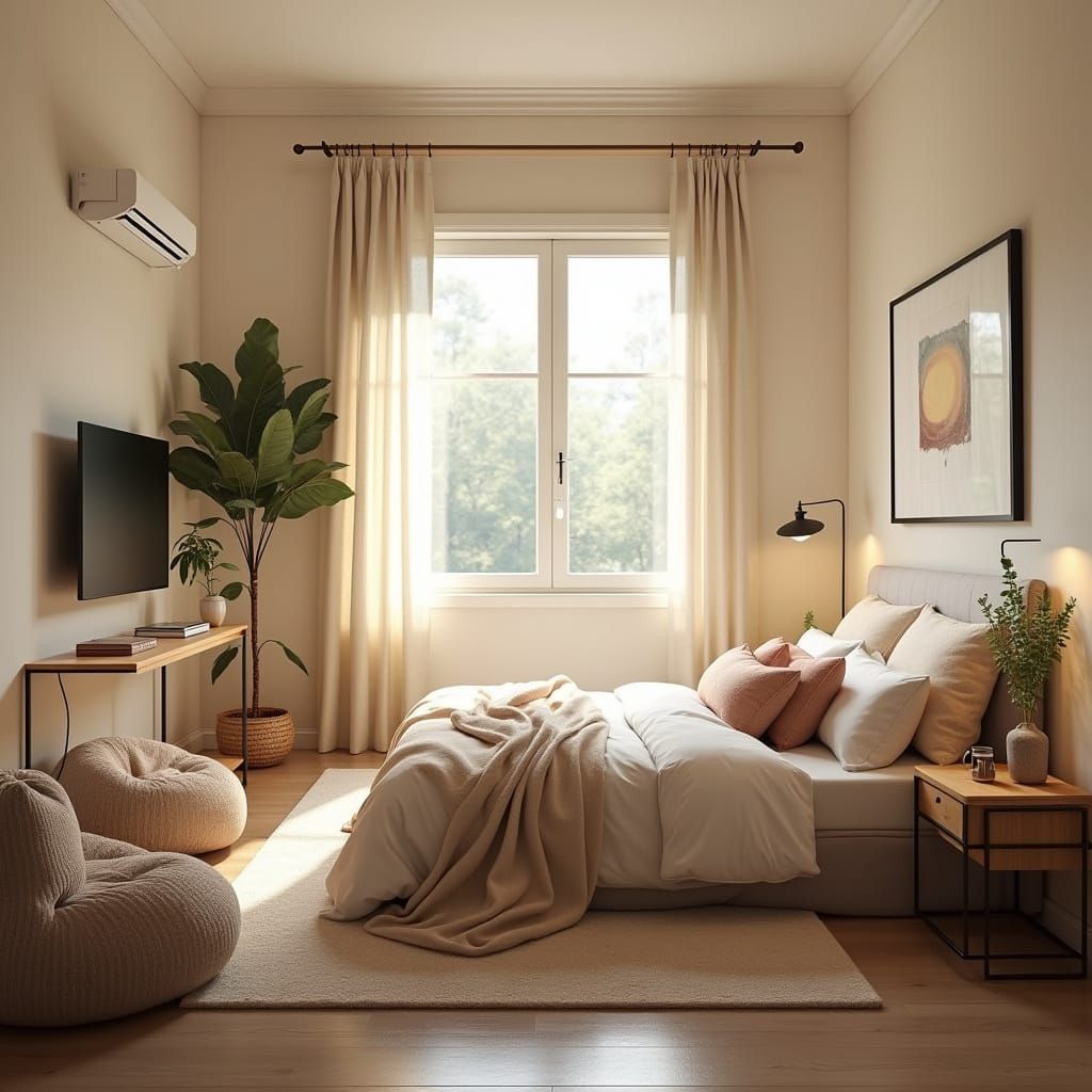 Cozy Preppy Bedroom with Modern TV and Beanbag Chair