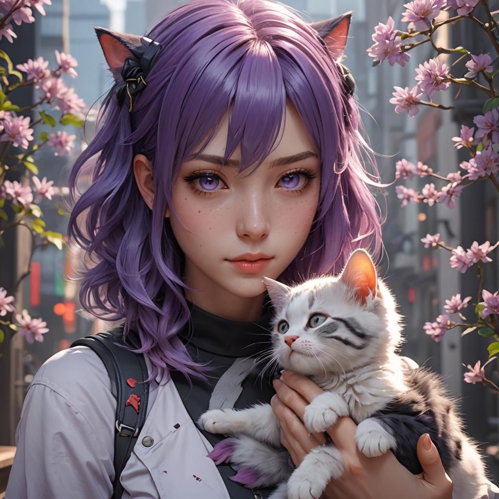 Purple Haired Woman with Kitten in 3D Anime Art