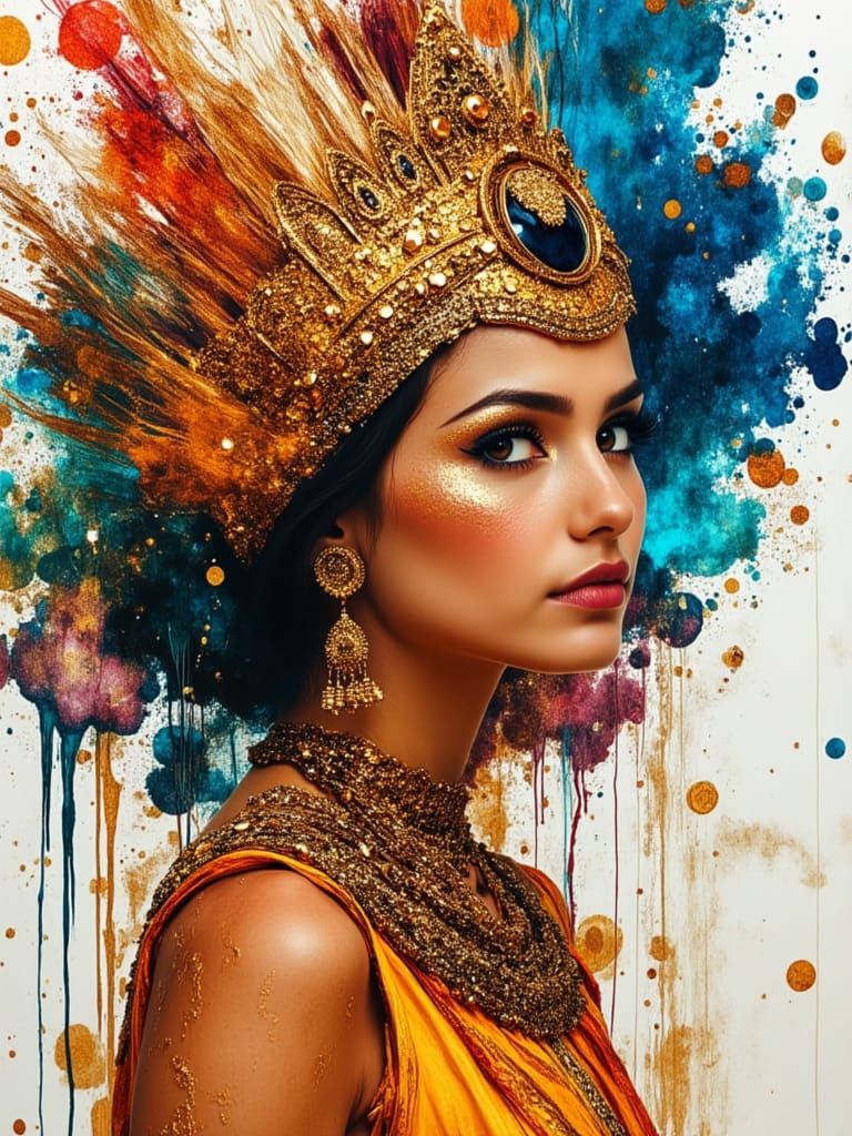 Cleopatra Portrait in Colorful Alcohol Ink Spatter Art