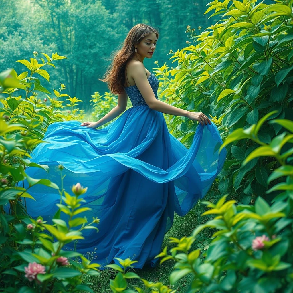 Woman in Blue Dress in Dreamy Landscape