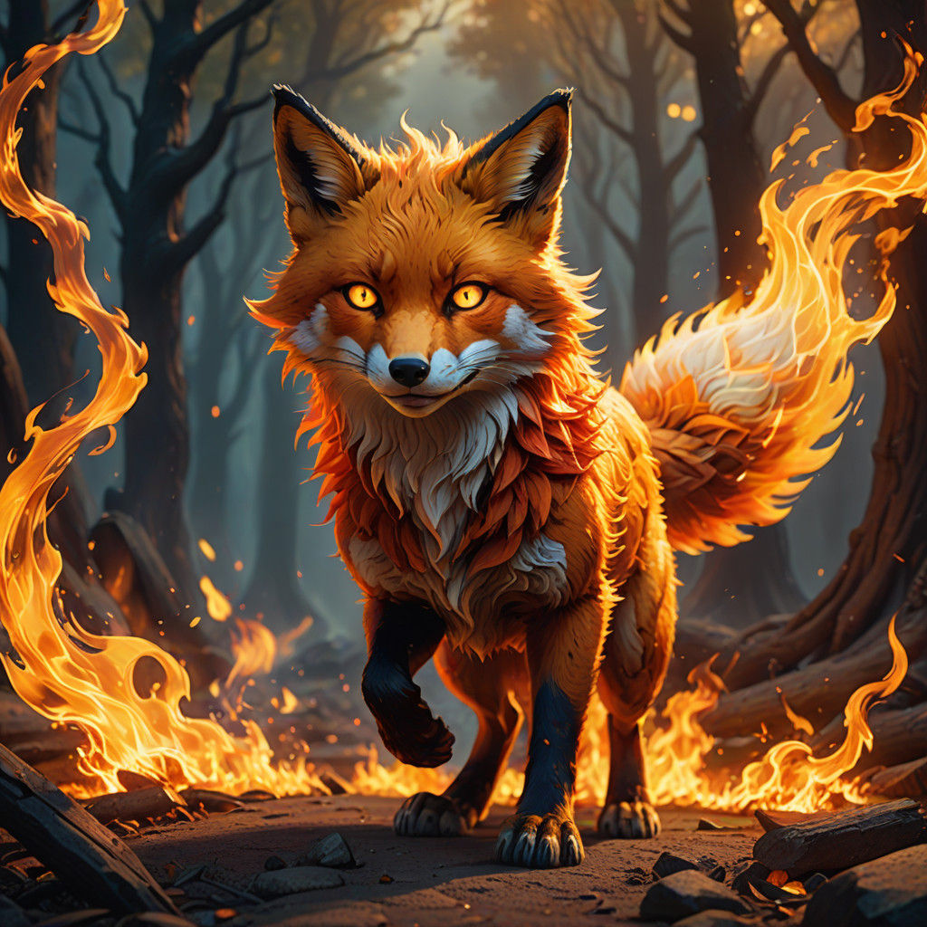 Vibrant Flame Fox Dashes Through Blazing Fantasy Landscape