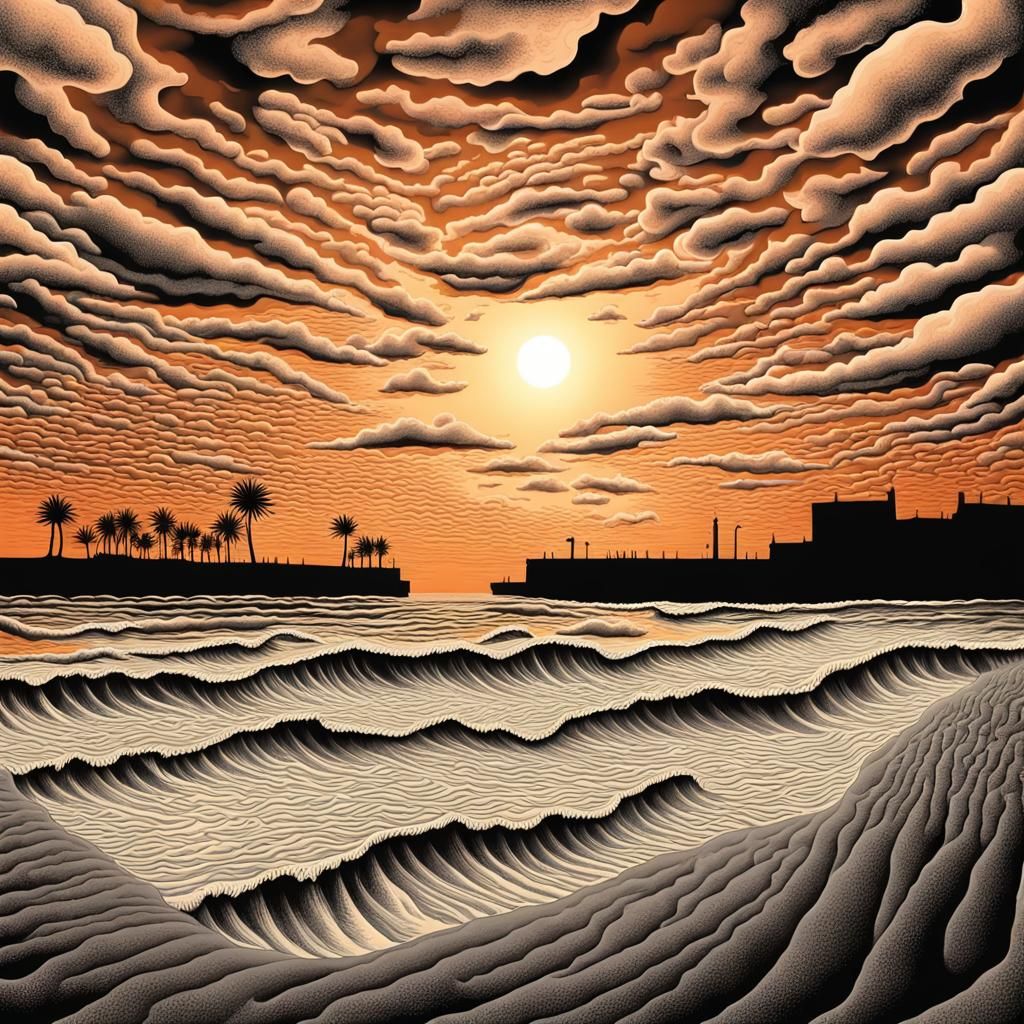 Surreal Beach Sunset in M.C. Escher Style