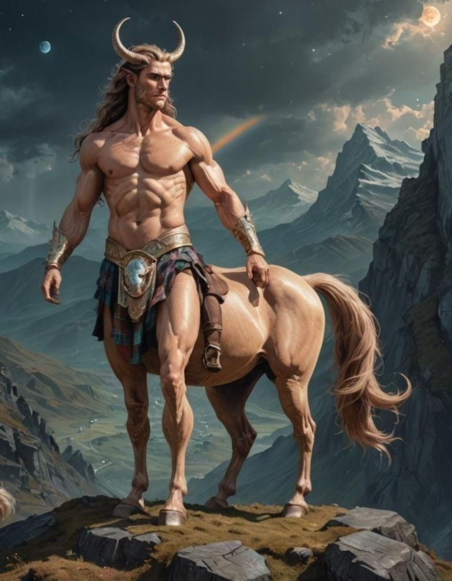 A majestic centaur standing on a mountain, blending human and horse features seamlessly, wearing a kilt, 8k resolution h...