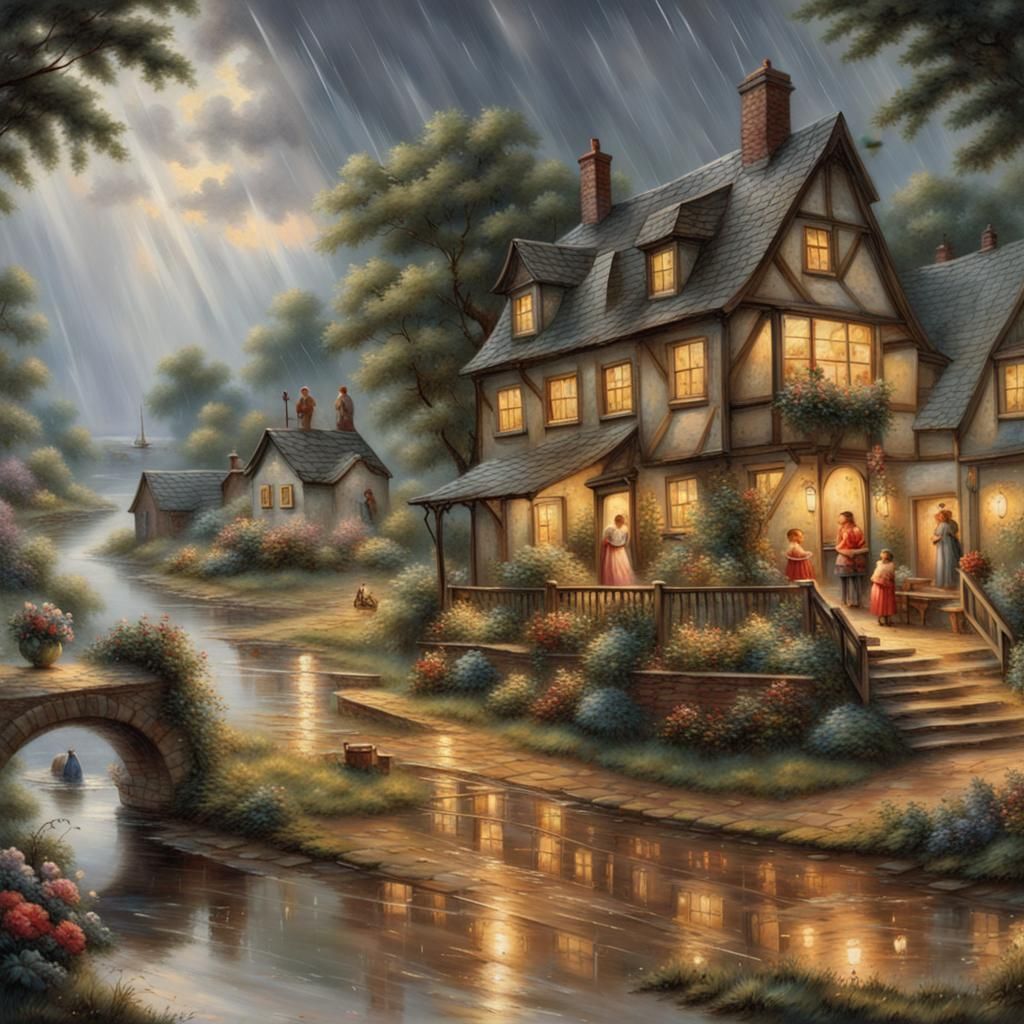 Rain Globe with Summer Village in Painterly Style