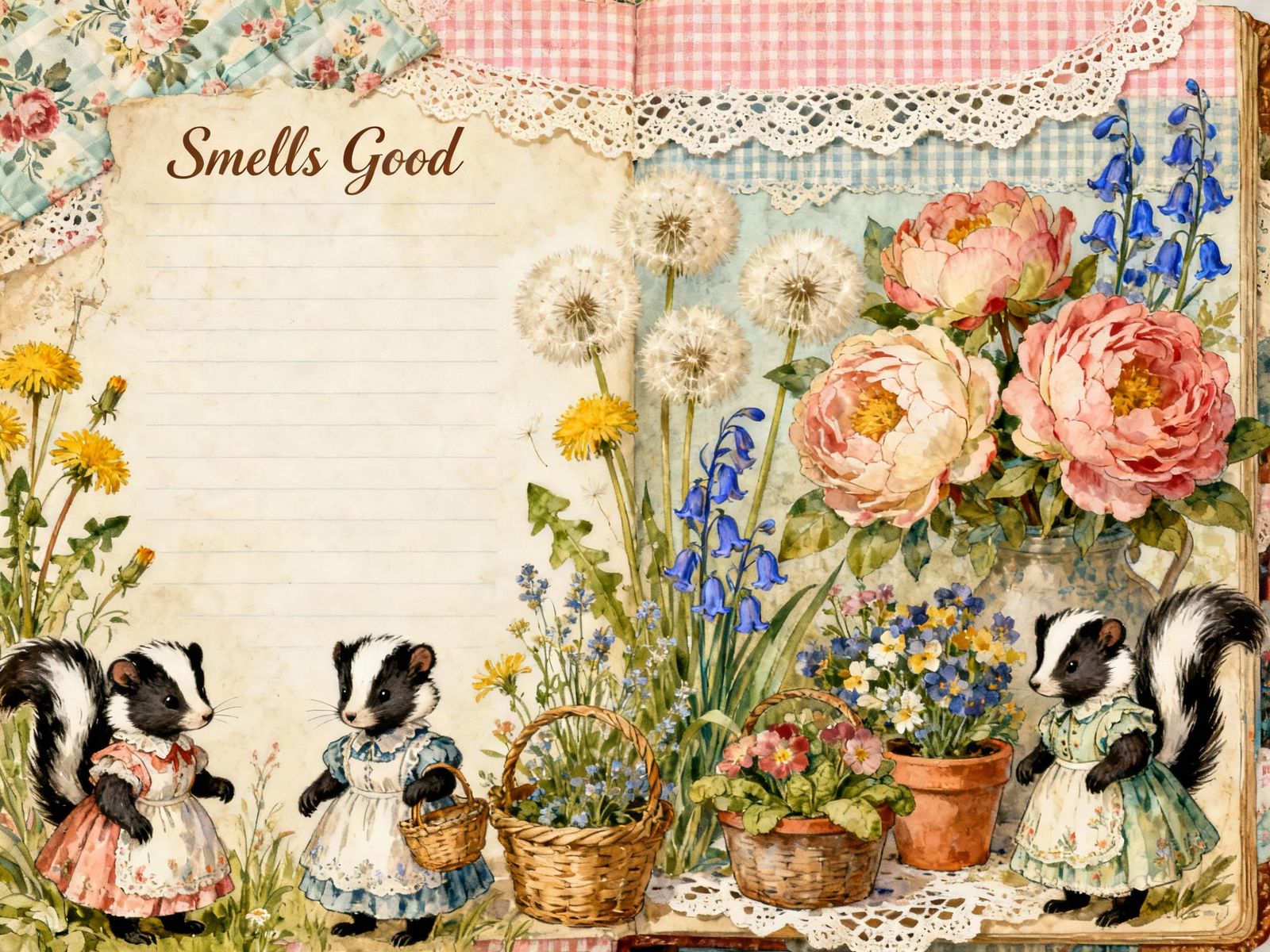 Shabby Chic Junk Journal Page with Skunks in Dresses