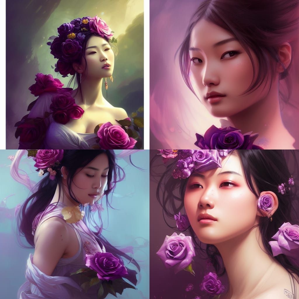 Asian Woman with Roses, Hyperdetailed Portrait