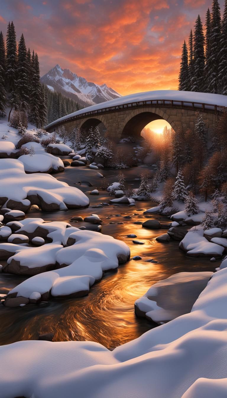 Colorful Sunset Over Mountain River Landscape