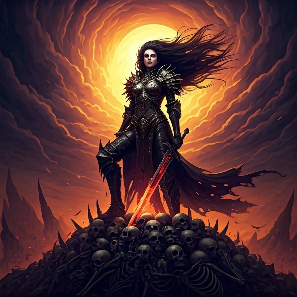 Female Warrior on Skull Mountain at Sunset