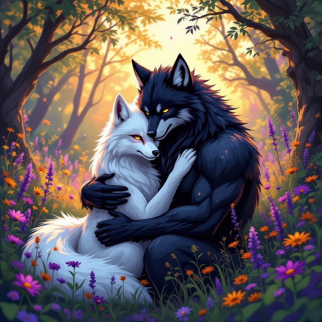 Kitsune and Werewolf Embrace in Mystical Grove