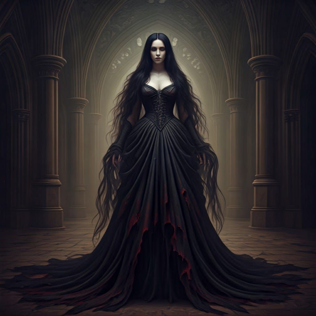 Ethereal Raven-Haired Woman in Gothic Setting