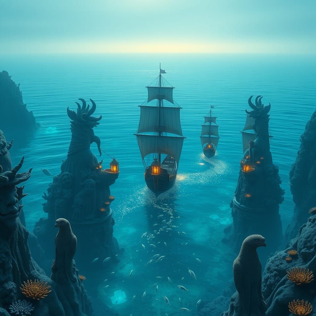 Dreamlike Ocean Scene with Majestic Sculptures and Magical S...